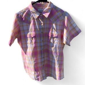 Wrangler Blues Pink and Yellow Plaid Western Shirt
